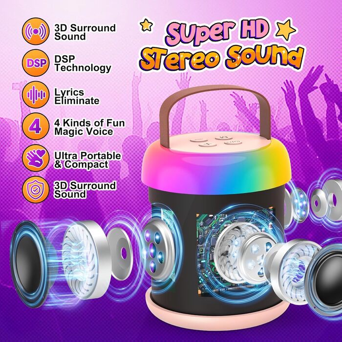 Караоке машина для дітей з 2 мікрофонами, рожева, єдиноріг, 3-12 років