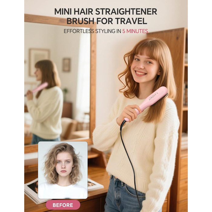 LANDOT Міні випрямляч для волосся 2-в-1: щітка-випрямляч для швидкого та легкого укладання - ідеально для короткого та середнього волосся, рожевий