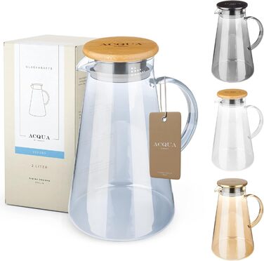 ACQUA DI AMALFI® Glass Carafe | Water Carafe 2 Liter with Stainless Steel/Bamboo Lid | Water Jug with Fruit Infuser | Leak-Proof | Carafe also as a Teapot (BLUE/BAMBOO)