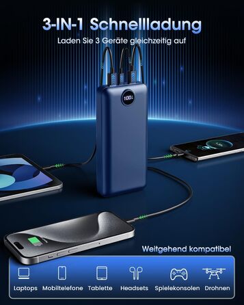 Power Bank 50000mAh з LED дисплеєм: Швидка зарядка 22.5W, 3 виходи USB та 2 входи, сумісний з iPhone, iPad, Android (Червоний)