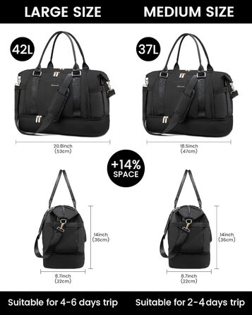 Спортивна сумка LOVEVOOK для подорожей: жіноча дорожня сумка-мішок, weekender, з органайзером, відділенням для взуття та мокрих речей, водонепроникна, 42L, чорна
