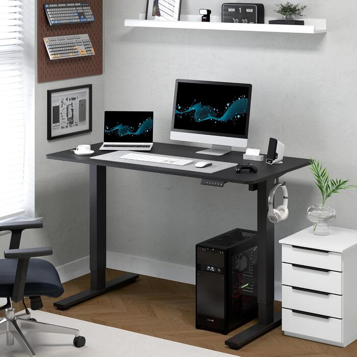 Регульований за висотою стіл FlexiSpot Basic – з органайзером для кабелів, гачками та суцільною стільницею, ергономічний стіл для дому та офісу, 120x60 см, чорний