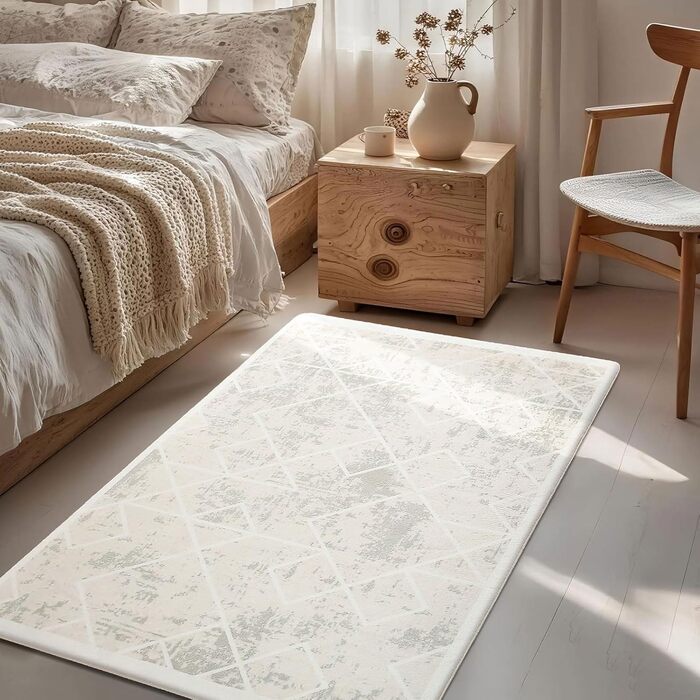 Килим Leesentec для вітальні, спальні: геометричний, сучасний, антиковзаючий, короткий ворс, бежевий, великий, білий (слонова кістка), 80 x 120 см, прямокутний