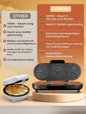Вафельниця FOHERE King Size для вафельних сердечок, 15 штук за 2 хвилини, з антипригарним покриттям, нержавіюча сталь, для сім'ї та вечірок (срібна)