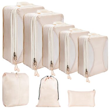 Органайзер для валізи KiwiPower, 8 шт. – комплект кубів для компресії, водонепроникні сумки для одягу для подорожей, ручної поклажі та рюкзаків (Бежевий)