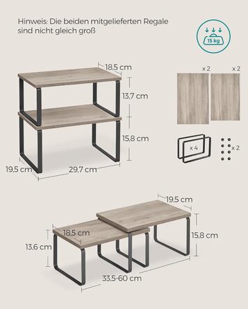 SONGMICS Spice Rack, 4-Piece Set, Kitchen Shelf, Kitchen Organizer, Expandable, Spice Holder, Stackable, with Metal Frame, 19.5 x 29.7 x 15.8 cm, Ink Black-Natural Beige KCS10NB (Ink Black + Greige Melange, 29.7B cm)