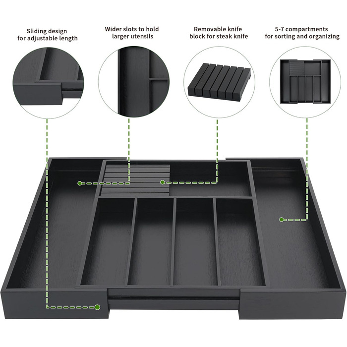 VaeFae Bamboo Cutlery Drawer Organizer Kitchen, Expandable Utensil Organizer with Knife Block, Cutlery Box with Divider, Multifunctional Wooden Drawer Organizer (Black).