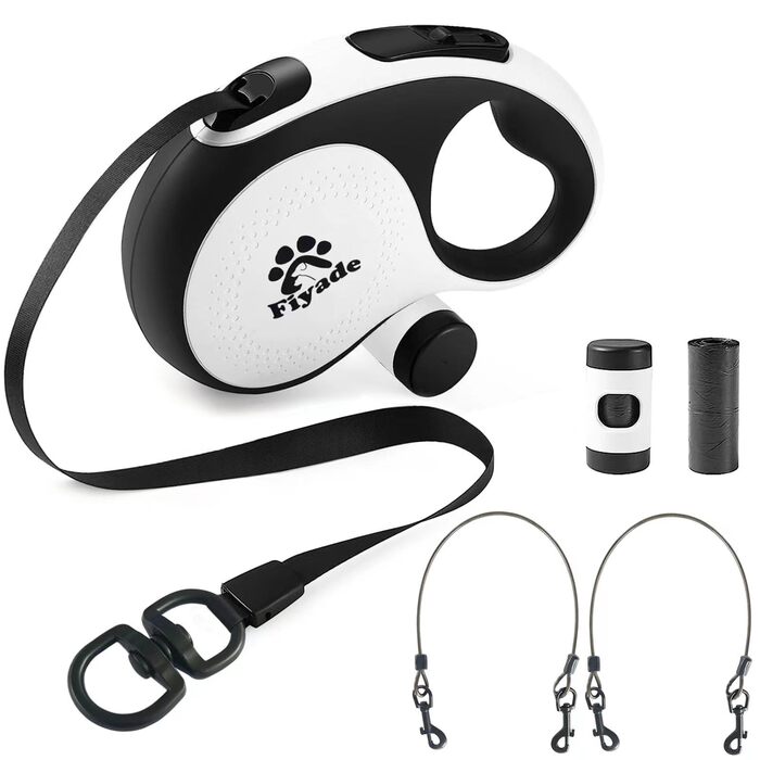 Висувна поводок для собак, 5 м, з ланцюгом, для 2 собак, витягуваний поводок для середніх та великих собак до 50 кг, білий та чорний