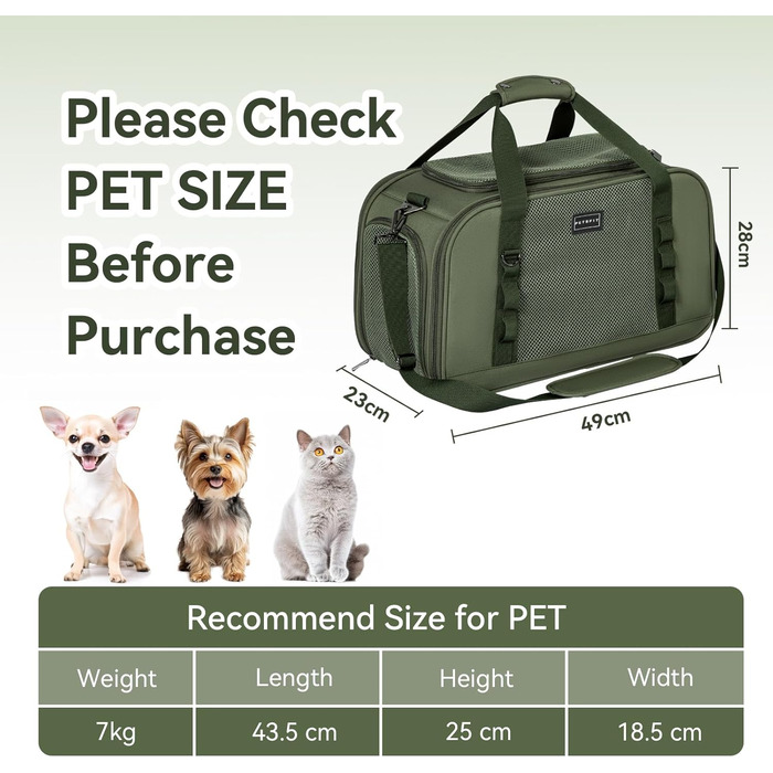 Транспортна переноска для кота та собаки Petsfit - міцна, дихаюча, з ковдрою та ручкою-телескопом, оливковий (49x23x28 см)
