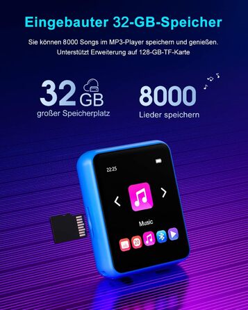 MP3 плеєр 32GB Bluetooth 5.0 з сенсорним екраном, Hi-Fi звук, металевий корпус, радіо, диктофон, підтримка до 128GB - блакитний