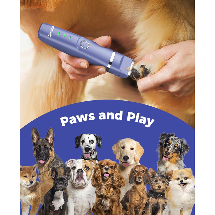 Машинка для стрижки собак і котів oneisall 4-в-1: стрижка, триммінг, шліфування кігтів. Безшумна, акумуляторна. 4 насадки для тіла, лап, очей, вух, обличчя. Білий/Синій колір