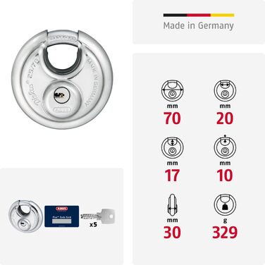 Замок дисковий ABUS Diskus 25/70, нержавіючий, 5 ключів, антикорозійний, рівень безпеки 8, сріблястий