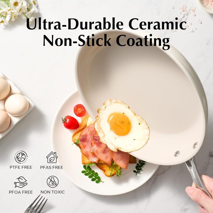 Redchef Non-Stick Frying Pan Set, Ceramic Frying Pan Set, 8, 9.5, 11 inch, Non-Toxic Pans for Cooking, 8.0-10.9 inch Ceramic Fry Pan Set, PFAS, PTFE, and PFOA Free, with Stainless Steel Handle, 8+9.5+11 inch Beige