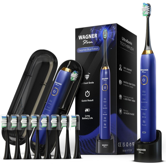Електрична ультразвукова зубна щітка Wagner Stern Sapphire Blue Edition: 5 режимів, 8 насадок, елітна сумка для подорожей