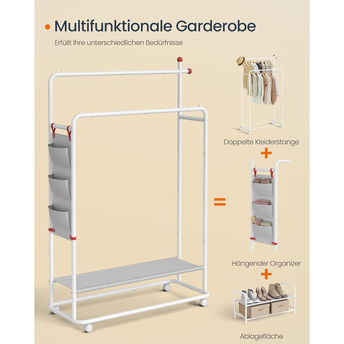 Стойка для одежды SONGMICS HOME на колесах, гардеробна стійка з 2 перекладинами, полиця, бічний органайзер, гачки у формі сірника, стабільна, для спальні, передпокою, HSR171B01 (50T x 189,6H cm, Матовий)
