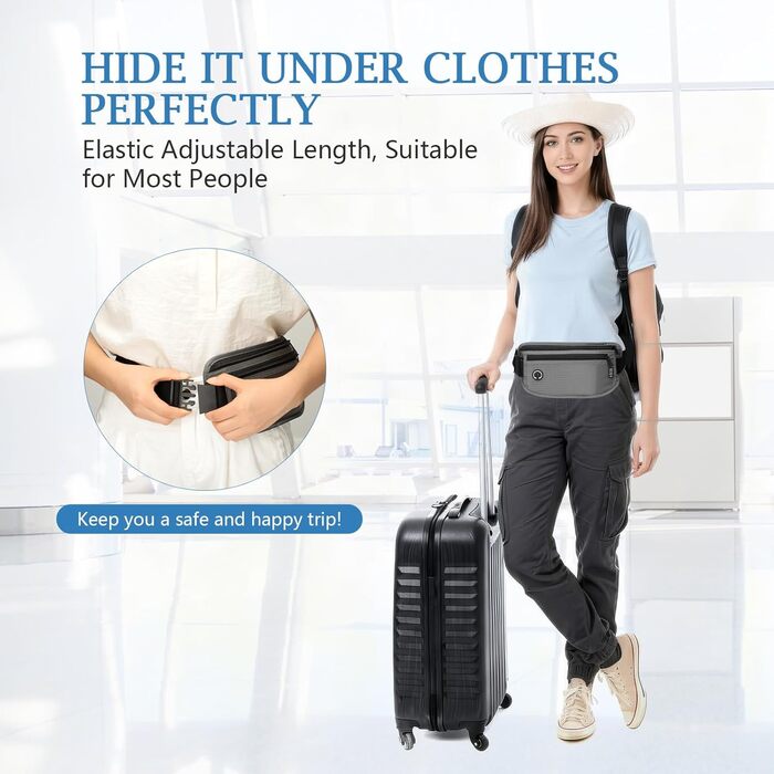 Чоловіча та жіноча поясна сумка Vinato з захистом від крадіжок та RFID, сіра. Ідеальна для подорожей, фестивалів, спорту та зберігання документів.