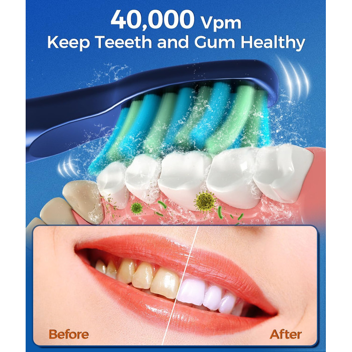 Електрична зубна щітка Demita зі звуковими коливаннями, 8 насадок, 40000 VPM, 5 режимів, швидка зарядка (30 днів роботи), чохол для подорожей (S1, 5-deepblue)