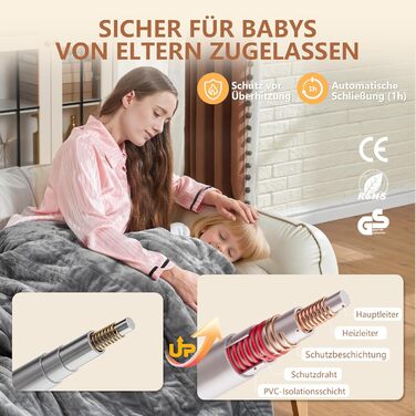 Електрична ковдра JUMMICO Kuschel-Heizdecke 180x130 см, тепла та м'яка - 6 режимів нагріву, таймер 12 годин, пральна, для дивана, ліжка, офісу, сіра