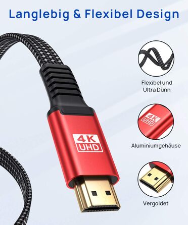 Кабель HDMI JSAUX 4K 3 метри: підтримка 4K@60Hz, HDR, UHD 2160p, Ethernet, ARC, для PS3/4, TV, PC (червоний)