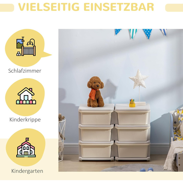 HOMCOM Kids' Chest of Drawers with Storage Boxes, Toy Organizer, Toy Box, Three Tiers for Kids' Rooms, 3-6 Years, Children's Furniture, 37 x 37 x 56.5 cm (75L x 37W x 56.5H cm, Cream White)