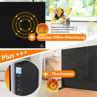 Інфрачервовий обігрівач KESSER 600W з функцією 2в1: підлоговий та настінний. Енергозберігаючий склокерамічний обігрівач з термостатом, пультом дистанційного керування та керуванням через додаток. Чорний колір.