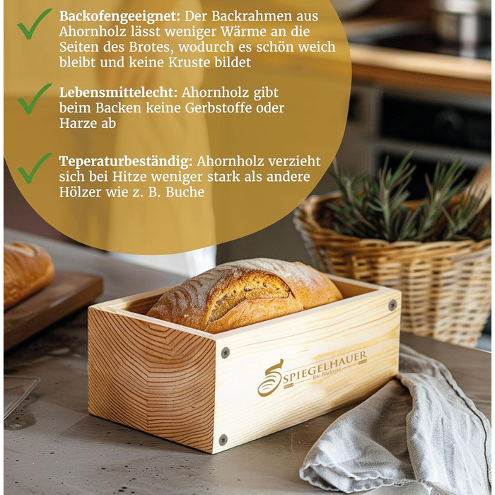 Bäckerei Spiegelhauer Bread Baking Frame Bread Baking Mold Maple Wood Wooden Baking Mold for Bread without Parchment Liner