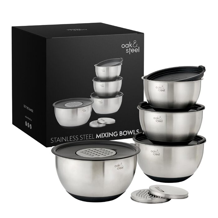 Набір stainless steel мисок для змішування Oak & Steel (4 шт) з антиковзаючим дном, герметичними кришками та набором терок (4.5л, 3.5л, 2.5л, 1.5л)