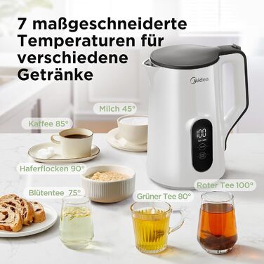 Midea 1.7L Electric Kettle - BPA Free, Fast Boil, LED Display, 360° Base, Dry Boil Protection