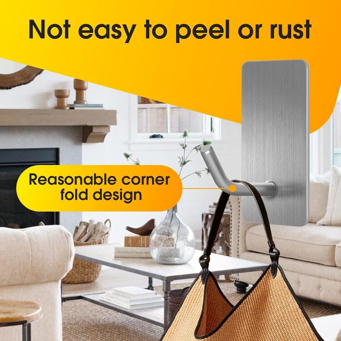 Набір тримачів для рушників без свердління, 10 шт. Самоклеючі гачки з нержавіючої сталі 304, надміцні, для великих предметів, настінні гачки для ванної, туалету та кухні, стійкі до корозії, срібні