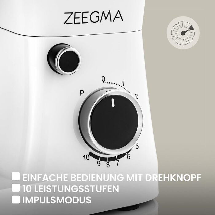 Кухонний комбайн ZEEGMA PLANEET EASY: планетарний міксер 1500 Вт з чашею 5.2 л, 10 швидкостей, насадки для замішування, збивання, готування. Білий