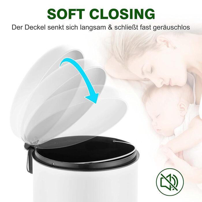 Відро для сміття Ribelli 30L з нержавіючої сталі з педаллю, внутрішнім відром, м'яким закриттям, сортування сміття, кругле (біле)