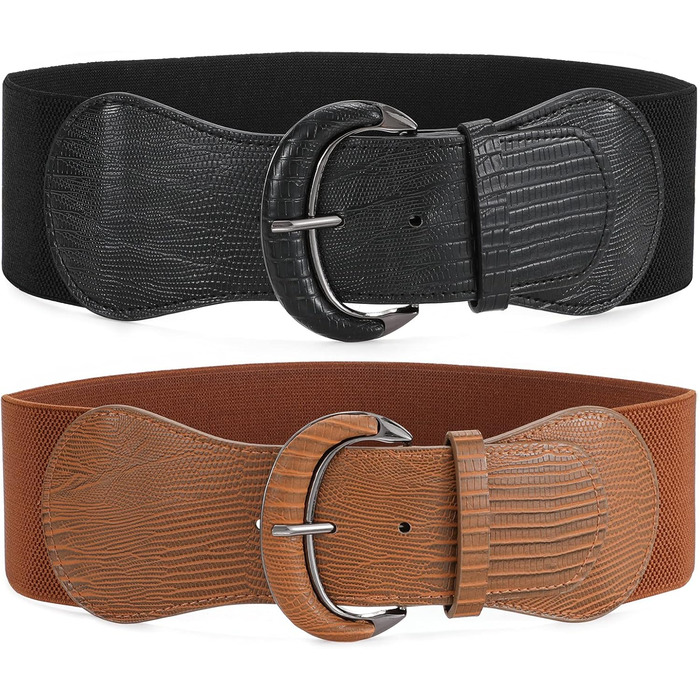 Жіночий широкий еластичний ремінь JasGood 2 шт. для суконь та джинсів. Колір: чорний/коричневий. Розмір M (76-90 см)