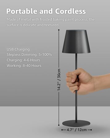LED настільна лампа FUYO з USB-C зарядкою, акумуляторна, для дому та вулиці, сенсорне керування, регулювання яскравості 2700K-6000K, 3 кольори, для вітальні, спальні, балкона, саду, тераси (сірий), 2 шт. в упаковці