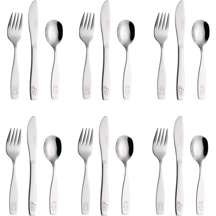 Набір дитячого столового приладдя EXZACT Kinderbesteck Set - 18 предметів з нержавіючої сталі для дітей від 2 років - безпечний, придатний для миття в посудомийній машині, з гравіюванням (6 виделок, 6 ножів, 6 ложок)
