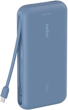 Зовнішній акумулятор Belkin BoostCharge 20K PD 30W з вбудованим кабелем USB-C, Power Bank для iPhone 16, iPad Pro, Samsung Galaxy S25, синій