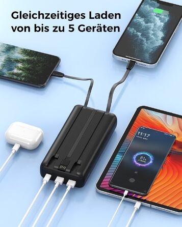 Повербанк Powerbank 50000mAh P500C з вбудованими кабелями та LED-дисплеєм, швидка зарядка USB-C, зовнішній акумулятор для iPhone, Android та планшетів, чорний
