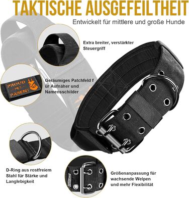 Нашийник для собак OneTigris 5 см з ручкою та патчем, чорний, великий, L