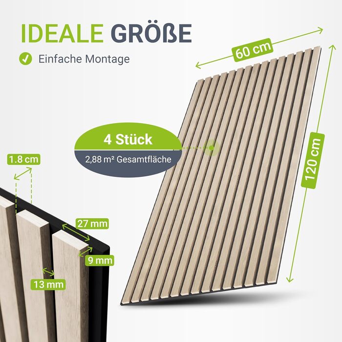 Акустичні панелі Juskys для стін, набір 4 шт (2,88 м²), 120x60 см, шумопоглинаючі декоративні панелі від луни та шуму, колір Дуб (Світлий натуральний дуб)