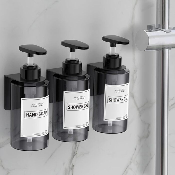 Набір дозатора мила для стін 4er, 300 мл, сірий. Дозатор мила без свердління, набір з 12 етикеток для душу/кухні/ванної кімнати