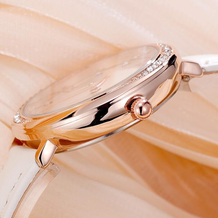 Жіночий класичний кварцовий годинник NUOVO Rose Gold з білим шкіряним ремінцем та кристалами на безелі