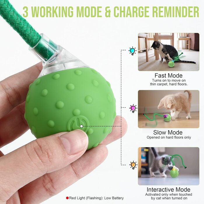 IOKHEIRA Electric Cat Toy Ball - Interactive, Automatic, USB Rechargeable, 3 Working Modes, Irregular Movement (Green)