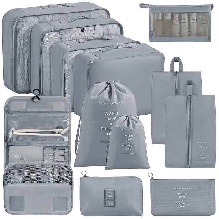 Органайзер для валізи Chijoo (12 шт, чорний) – набір кубиків для пакування, аксесуари для подорожей (сірий)