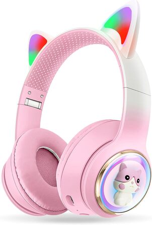 Дитячі навушники AXFEE з Bluetooth, котячі вушка, LED-підсвічування, Over-Ear, стерео, бездротові, з мікрофоном, Micro SD/TF, для телефону/планшета/ПК