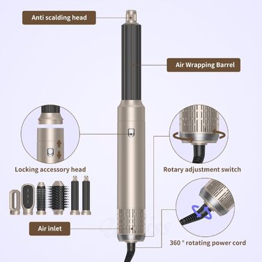 Airstyler 5 в 1: Фен-щітка, плойка, стайлер для волосся 1000W, золотий