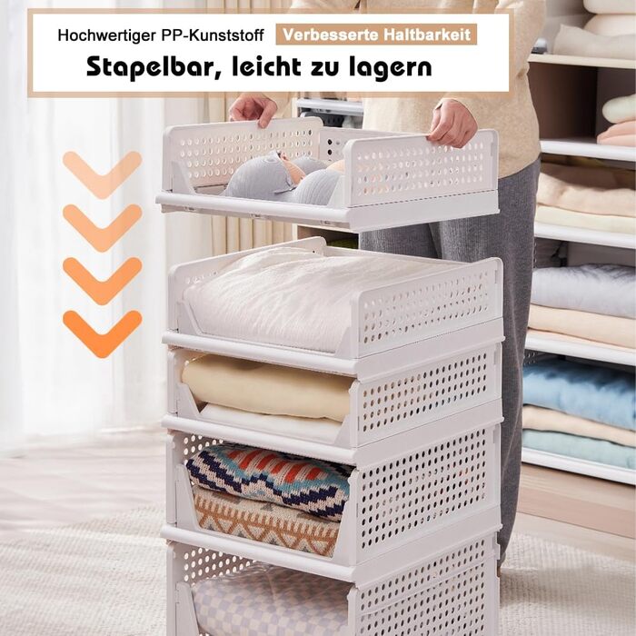 5 Foldable Plastic Storage Boxes, Drawer Box, Stackable Closet Organizer, Shelf Storage Box, Shelf Baskets Closet, Stackable Drawer Storage Boxes, for Kitchen Bedroom, White (5 Pcs XL)