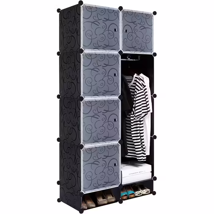 NAIZY Wardrobe Black DIY Plastic Shelf System Closet Organizer with Door, Plug-in Shelf System, Plastic Cabinet (16 Cubes, with 2 Clothes Rails) (8 Cubes, with Shoe Cabinet)