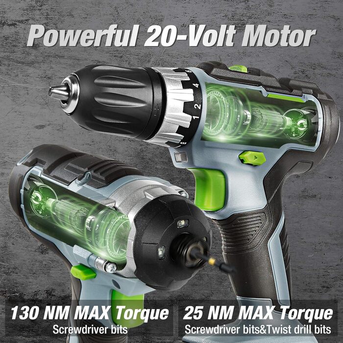 WORKPRO Набір акумуляторних шуруповерт та ударний шуруповерт 20V 2.0Ah (2 акумулятори, зарядний пристрій, 6 свердл, 10 біт)