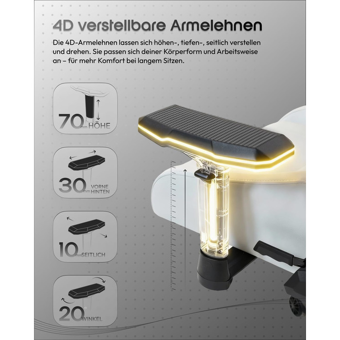 Ігровий крісло Dowinx з 4D підлокітниками, функцією гойдання 15° та регулюванням спинки до 165°, масажний, ергономічний, дизайн у стилі гоночного авто, для геймерів, Esport, вантажопідйомність 135 кг, білий