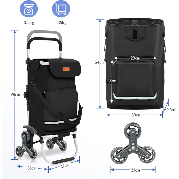 Тролей для покупок Sekey XXL з підйомником для сходин, 3 колеса, для кемпінгу та покупок, регульована ручка, алюміній 3-в-1, з відділенням для їжі та напоїв, чорний