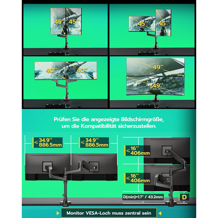 Кронштейн для двох моніторів ARES WING (17-49 дюймів) з USB, вертикальний підвіс один над одним, регулювання висоти, VESA 75/100, до 20 кг на руку, чорний